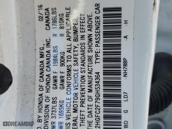 2016 Honda Civic Sedan EX with VIN 2HGFC2F79GH534364, listed as a Copart auction lot 46755355 with 70,349 mi miles and Salvage Title. Bid and sale history available at carsss.com. Image 14.