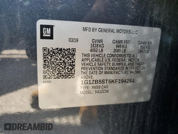 2019 Chevrolet Malibu LS z VIN 1G1ZB5ST5KF194264, wystawiony jako Copart lot #53689504 z przebiegiem 66 218 mil mil oraz Szkoda całkowita • Salvage title. Historia ofert i sprzedaży dostępna na DreamBid. Obrazek 12.