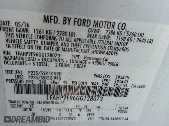2016 Ford Taurus SEL with VIN 1FAHP2E96GG128073, listed as a Copart auction lot 44019985 with 104,090 mi miles and Salvage Title. Bid and sale history available at DreamBid. Image 12.