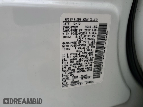 2013 Infiniti FX with VIN JN8CS1MWXDM173538, listed as a Copart auction lot 59340875 with 155,731 mi miles and Salvage title. Bid and sale history available at DreamBid. Image 13.