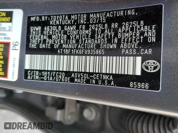 2015 Toyota Camry XLE with VIN 4T1BF1FK6FU935865, listed as a Copart auction lot 53271435 with 104,281 mi miles and Salvage Title. Bid and sale history available at DreamBid. Image 13.