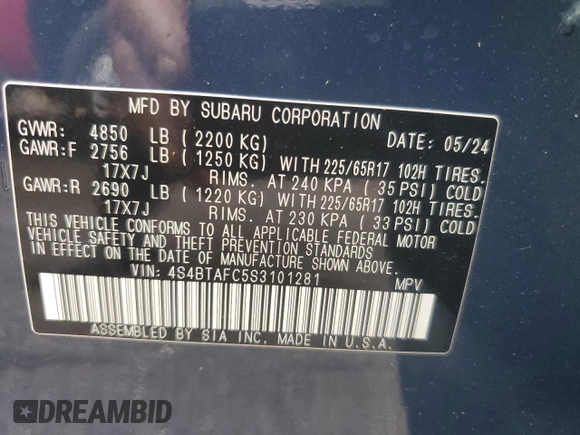 2025 Subaru Outback Premium with VIN 4S4BTAFC5S3101281, listed as a Copart auction lot 74730874 with 1,125 mi miles and Salvage Title. Bid and sale history available at carsss.com. Image 14.