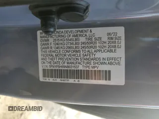 2022 Honda Pilot Touring 7-Passenger with VIN 5FNYF5H69NB031537, listed as a Copart auction lot 48986685 with 88,301 mi miles and Salvage title. Bid and sale history available at DreamBid. Image 15.