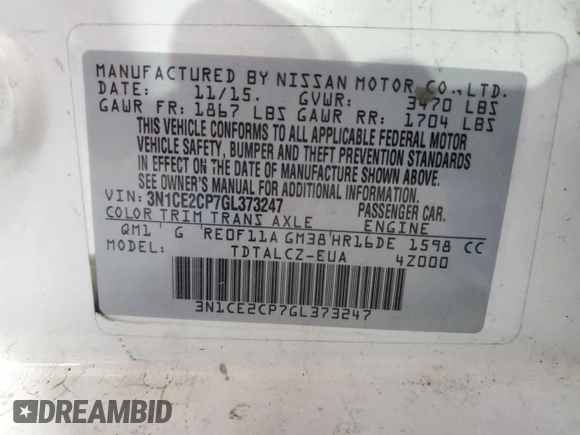 2016 Nissan Note SL with VIN 3N1CE2CP7GL373247, listed as a Copart auction lot 55068095 with 164,205 mi miles and Clean title. Bid and sale history available at DreamBid. Image 12.