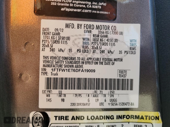 2013 Ford F-150 XL with VIN 1FTFW1ET6DFA19009, listed as a Copart auction lot 62916325 with 132,497 mi miles and Salvage title. Bid and sale history available at DreamBid. Image 12.