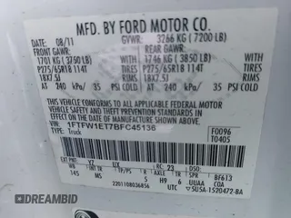2011 Ford F-150 XLT with VIN 1FTFW1ET7BFC45136, listed as a IAAI auction lot 42177848 with Not provided miles and . Bid and sale history available at DreamBid. Image 9.