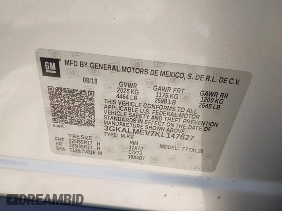 2019 GMC Terrain SLE with VIN 3GKALMEV7KL147627, listed as a IAAI auction lot 41982525 with Not Provided miles and . Bid and sale history available at carsss.com. Image 9.
