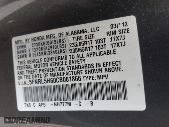 2012 Honda Odyssey EX-L with VIN 5FNRL5H60CB081866, listed as a IAAI auction lot 41835701 with 151,236 mi miles and . Bid and sale history available at DreamBid. Image 9.
