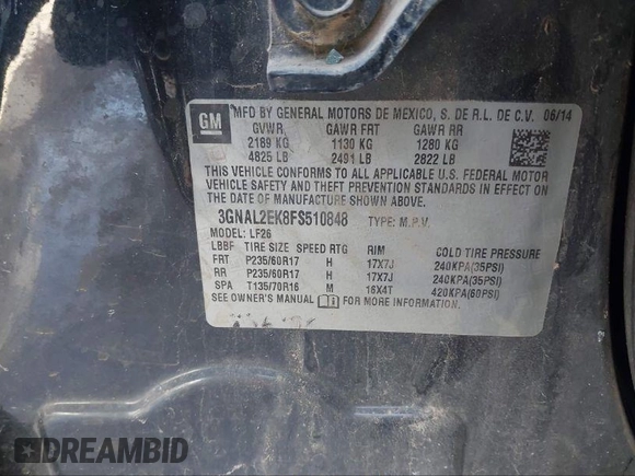 2015 Chevrolet Captiva Sport LS with VIN 3GNAL2EK8FS510848, listed as a IAAI auction lot 41441846 with 86,582 mi miles and . Bid and sale history available at DreamBid. Image 9.