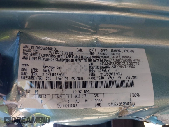 2012 Ford Focus SE with VIN 1FAHP3F20CL320775, listed as a IAAI auction lot 41996599 with Not Provided miles. Bid and sale history available at carsss.com. Image 9.