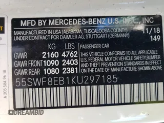 2019 Mercedes-Benz C 300 with VIN 55SWF8EB1KU297185, listed as a Copart auction lot 47410205 with 58,425 mi miles and Salvage Title. Bid and sale history available at carsss.com. Image 12.