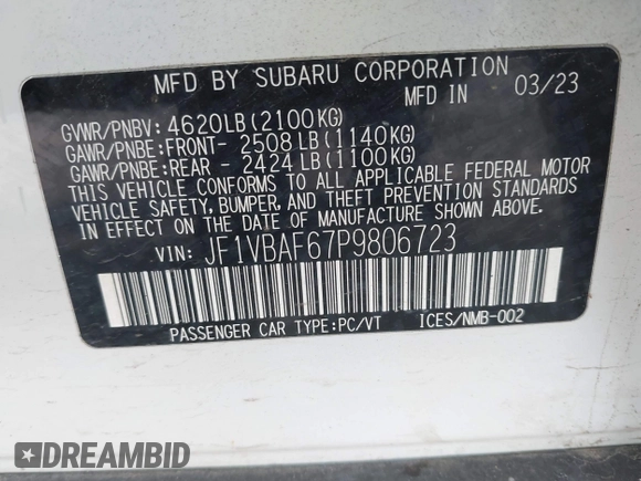 2023 Subaru WRX Premium z VIN JF1VBAF67P9806723, wystawiony jako IAAI lot #42084663 z przebiegiem 48 648 mil mil oraz . Historia ofert i sprzedaży dostępna na DreamBid. Obrazek 9.