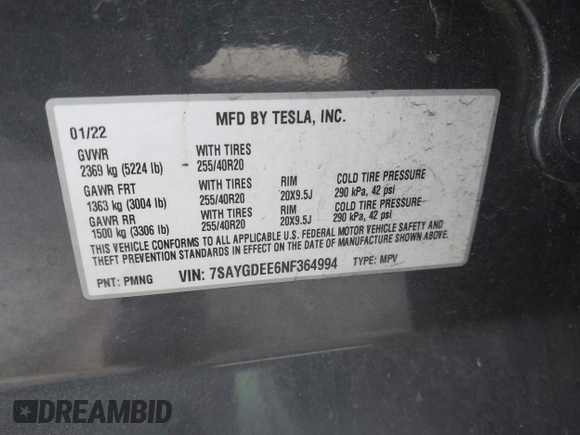 2022 Tesla Model Y Long Range z VIN 7SAYGDEE6NF364994, wystawiony jako IAAI lot #42322587 z przebiegiem 41 572 mil mil oraz . Historia ofert i sprzedaży dostępna na DreamBid. Obrazek 9.