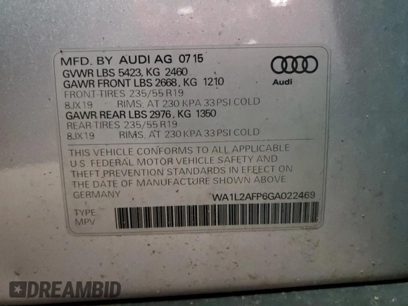 2016 Audi Q5 Premium Plus with VIN WA1L2AFP6GA022469, listed as a Copart auction lot 54421855 with 148,679 mi miles and Salvage Title. Bid and sale history available at carsss.com. Image 14.