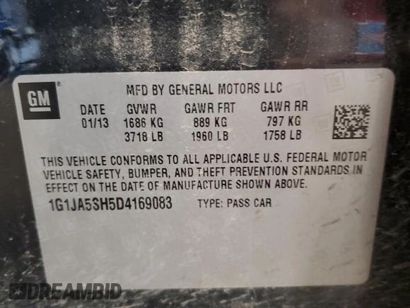 2013 Chevrolet Sonic LS z VIN 1G1JA5SH5D4169083, wystawiony jako Copart lot #55703555 z przebiegiem Nie podano mil oraz Czysty tytuł • Clean title. Historia ofert i sprzedaży dostępna na DreamBid. Obrazek 12.