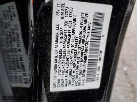 2011 Honda Odyssey EX-L with VIN 5FNRL5H68BB084738, listed as a Copart auction lot 47669965 with 235,722 mi miles and Salvage Title. Bid and sale history available at carsss.com. Image 12.