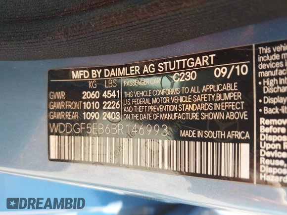 2011 Mercedes-Benz C 300 Sport with VIN WDDGF5EB6BR146993, listed as a IAAI auction lot 41936600 with 121,957 mi miles and . Bid and sale history available at DreamBid. Image 9.