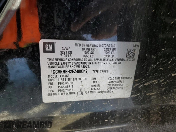 2014 Chevrolet Silverado 1500 LT with VIN 1GCVKREH2EZ400342, listed as a Copart auction lot 43126375 with 160,900 mi miles and Salvage Title. Bid and sale history available at DreamBid. Image 13.