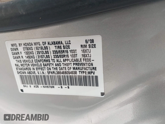 2008 Honda Odyssey EX-L with VIN 5FNRL38648B094938, listed as a IAAI auction lot 42045683 with 216,405 mi miles. Bid and sale history available at carsss.com. Image 9.