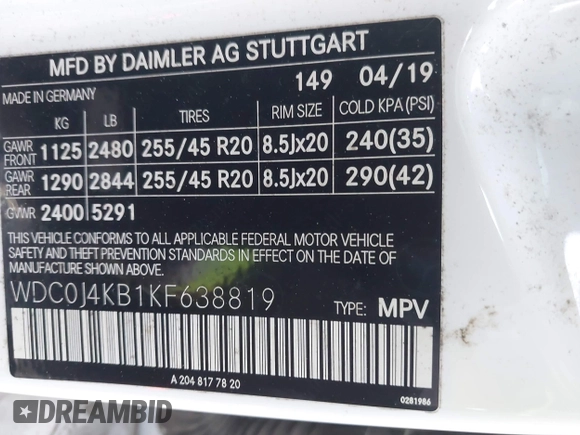 2019 Mercedes-Benz GLC 300 with VIN WDC0J4KB1KF638819, listed as a IAAI auction lot 41922074 with 96,521 mi miles and . Bid and sale history available at DreamBid. Image 9.