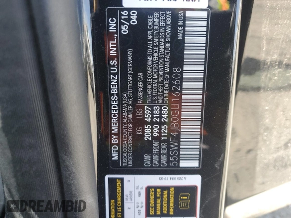 2016 Mercedes-Benz C 300 z VIN 55SWF4JB0GU162608, wystawiony jako Copart lot #57307745 z przebiegiem 86 459 mil mil oraz Szkoda całkowita • Salvage title. Historia ofert i sprzedaży dostępna na DreamBid. Obrazek 12.