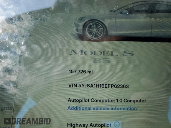 2014 Tesla Model S 60 z VIN 5YJSA1H16EFP62363, wystawiony jako Copart lot #58370095 z przebiegiem 157 726 mil mil oraz Czysty tytuł • Clean title. Historia ofert i sprzedaży dostępna na DreamBid. Obrazek 9.
