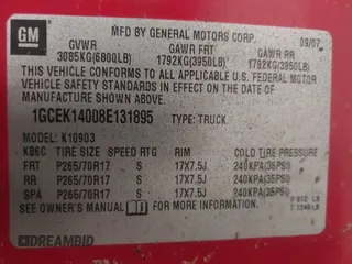 2008 Chevrolet Silverado 1500 1LT with VIN 1GCEK14008E131895, listed as a IAAI auction lot 41976247 with 178,669 mi miles and . Bid and sale history available at DreamBid. Image 9.