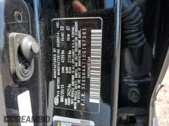 2013 Kia Optima EX z VIN 5XXGN4A71DG197381, wystawiony jako Copart lot #53619615 z przebiegiem 100 873 mil mil oraz Szkoda całkowita • Salvage title. Historia ofert i sprzedaży dostępna na DreamBid. Obrazek 14.