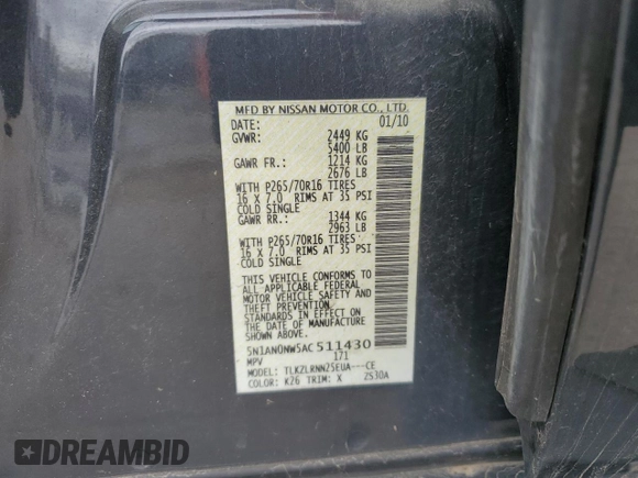 2010 Nissan Xterra S z VIN 5N1AN0NW5AC511430, wystawiony jako Copart lot #51108785 z przebiegiem 165 701 mil mil oraz Szkoda całkowita • Salvage title. Historia ofert i sprzedaży dostępna na DreamBid. Obrazek 13.