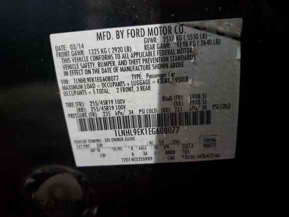 2014 Lincoln MKS with VIN 1LNHL9EK1EG608077, listed as a Copart auction lot 85801354 with 68,039 mi miles and Clean Title. Bid and sale history available at carsss.com. Image 12.