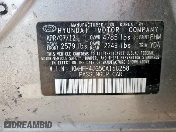 2012 Hyundai Azera with VIN KMHFH4JG5CA156258, listed as a Copart auction lot 59079035 with 223,162 mi miles and Salvage title. Bid and sale history available at DreamBid. Image 13.