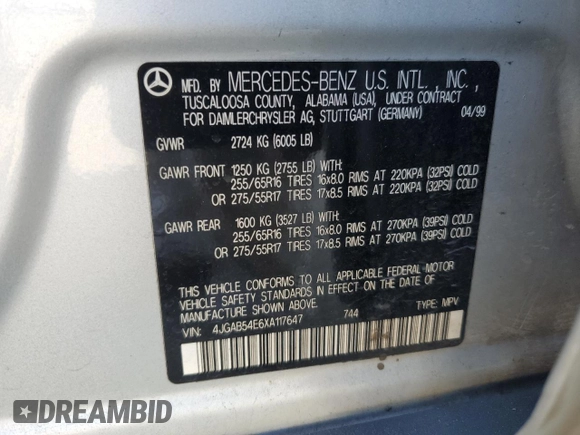 1999 Mercedes-Benz M-Class with VIN 4JGAB54E6XA117647, listed as a Copart auction lot 77284714 with 124,150 mi miles and Clean Title. Bid and sale history available at carsss.com. Image 13.
