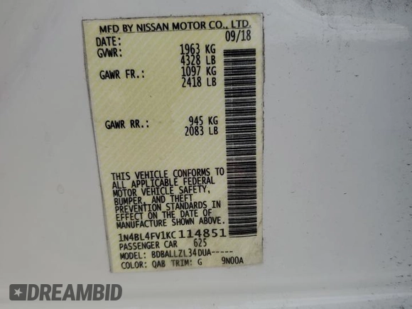 2019 Nissan Altima 2.5 Platinum with VIN 1N4BL4FV1KC114851, listed as a Copart auction lot 51413915 with 68,424 mi miles and Salvage Title. Bid and sale history available at carsss.com. Image 12.