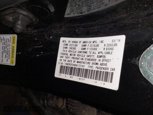 2014 Honda Accord EX-L with VIN 1HGCR2F84EA172143, listed as a IAAI auction lot 41801684 with 180,241 mi miles and . Bid and sale history available at carsss.com. Image 9.
