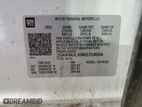 2021 GMC Acadia SLT z VIN 1GKKNULS9MZ218054, wystawiony jako Copart lot #53558285 z przebiegiem 97 693 mil mil oraz Szkoda całkowita • Salvage title. Historia ofert i sprzedaży dostępna na DreamBid. Obrazek 13.