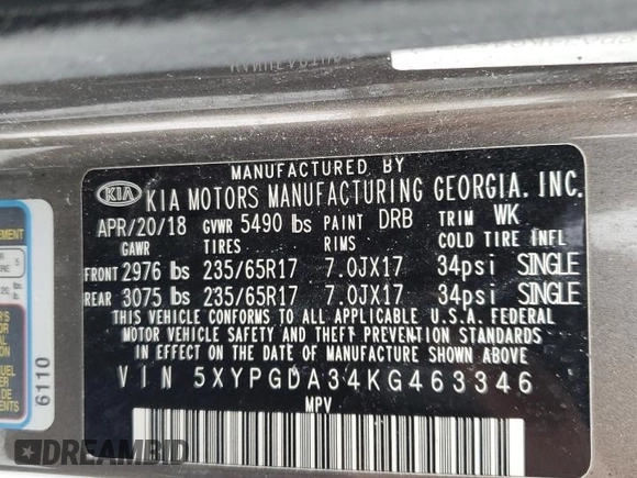 2019 Kia Sorento LX with VIN 5XYPGDA34KG463346, listed as a Copart auction lot 41461755 with Not Provided miles and Salvage Title. Bid and sale history available at DreamBid. Image 13.