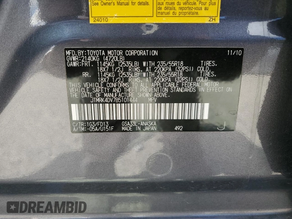 2011 Toyota RAV4 Sport with VIN JTMRK4DV7B5101444, listed as a Copart auction lot 54090235 with 141,877 mi miles and Salvage Title. Bid and sale history available at carsss.com. Image 13.