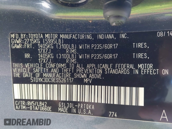 2014 Toyota Sienna XLE with VIN 5TDYK3DC9ES526117, listed as a IAAI auction lot 42247546 with 119,096 mi miles and . Bid and sale history available at DreamBid. Image 9.