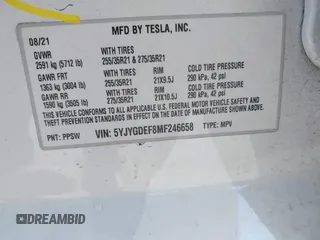 2021 Tesla Model Y Performance with VIN 5YJYGDEF8MF246658, listed as a IAAI auction lot 41679793 with 28,015 mi miles and . Bid and sale history available at DreamBid. Image 9.