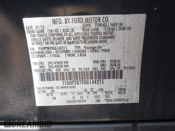 2013 Ford Taurus SHO с VIN 1FAHP2KT9DG144215, выставлен на аукционе IAAI как лот 42107386 с пробегом 199 934 миль миль и . История ставок и продаж доступна на DreamBid. Изображение 9.