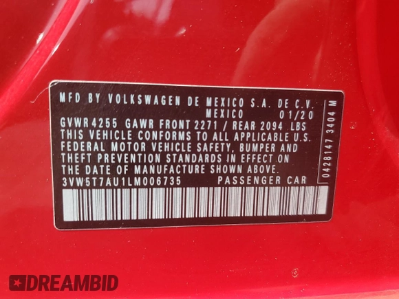 2020 Volkswagen GTI S с VIN 3VW5T7AU1LM006735, выставлен на аукционе Copart как лот 56875825 с пробегом 51 116 миль миль и Списание • Salvage title. История ставок и продаж доступна на DreamBid. Изображение 12.
