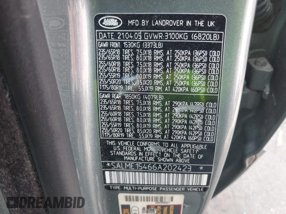 2006 Land Rover Range Rover HSE with VIN SALME15466A202423, listed as a IAAI auction lot 42596487 with 210,618 mi miles and . Bid and sale history available at DreamBid. Image 9.