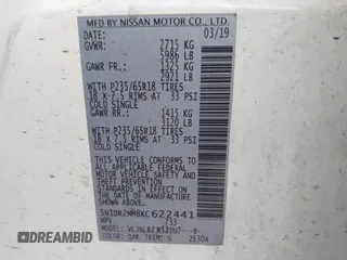 2019 Nissan Pathfinder SV with VIN 5N1DR2MM8KC622441, listed as a IAAI auction lot 41865931 with 80,013 mi miles. Bid and sale history available at carsss.com. Image 9.