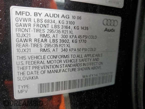 2007 Audi Q7 Premium Plus with VIN WA1EY74L77D050791, listed as a Copart auction lot 56683765 with 83,444 mi miles and Clean title. Bid and sale history available at DreamBid. Image 14.
