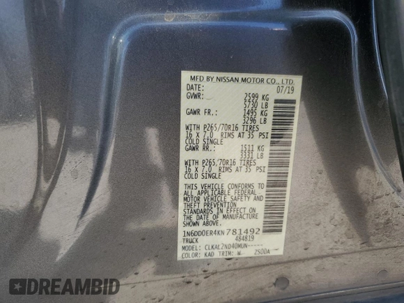 2019 Nissan Frontier Desert Runner z VIN 1N6DD0ER4KN781492, wystawiony jako Copart lot #47826695 z przebiegiem 58 015 mil mil oraz Szkoda całkowita • Salvage title. Historia ofert i sprzedaży dostępna na DreamBid. Obrazek 12.