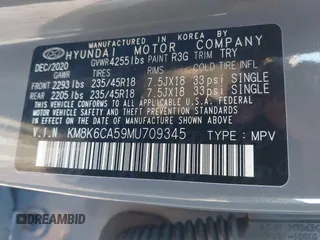2021 Hyundai Kona Night Edition with VIN KM8K6CA59MU709345, listed as a IAAI auction lot 41197189 with 29,329 mi miles and . Bid and sale history available at carsss.com. Image 9.