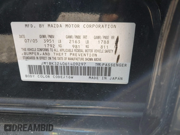 2006 Mazda 3 s with VIN JM1BK324061409297, listed as a IAAI auction lot 40561857 with 117,266 mi miles and . Bid and sale history available at DreamBid. Image 9.