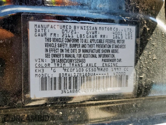 2021 Nissan Sentra SV with VIN 3N1AB8CV0MY329493, listed as a Copart auction lot 58406755 with 75,493 mi miles and Salvage title. Bid and sale history available at DreamBid. Image 12.