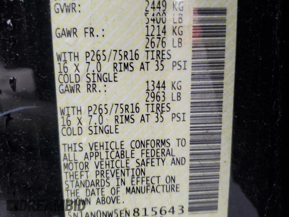 2014 Nissan Xterra X with VIN 5N1AN0NW5EN815643, listed as a Copart auction lot 85413894 with 43,413 mi miles and Salvage Title. Bid and sale history available at DreamBid. Image 13.