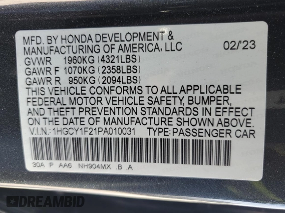 2023 Honda Accord LX with VIN 1HGCY1F21PA010031, listed as a Copart auction lot 53123635 with 40,653 mi miles and Salvage Title. Bid and sale history available at DreamBid. Image 12.